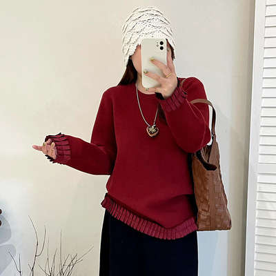 大码女装休闲圆领上衣女拼接花边毛衣2025冬胖mm宽松针织衫23525