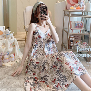性感人造棉吊带裙日系宫廷风绵绸睡衣家居服 露背棉绸睡裙女夏薄款
