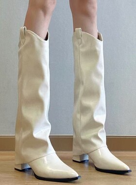 高筒裤管靴女白色2024秋冬新款尖头不过膝长靴粗跟显瘦套筒骑士靴
