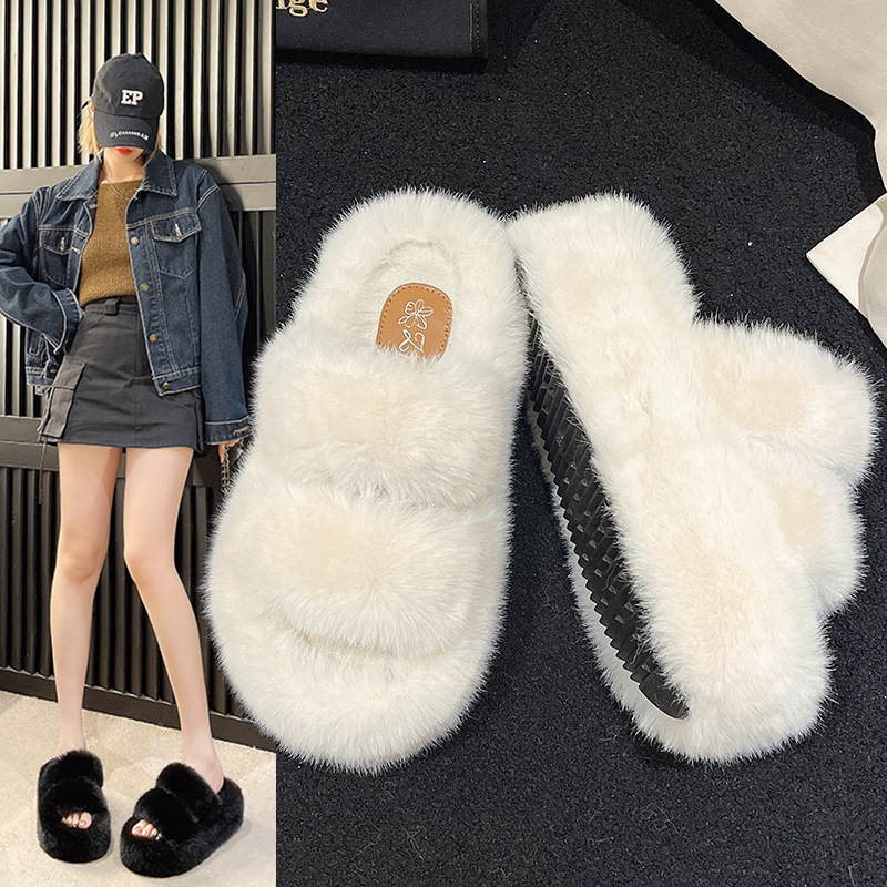 7CM厚底双条毛毛鞋女士平底保暖毛绒拖鞋时尚家居软底毛毛拖鞋女