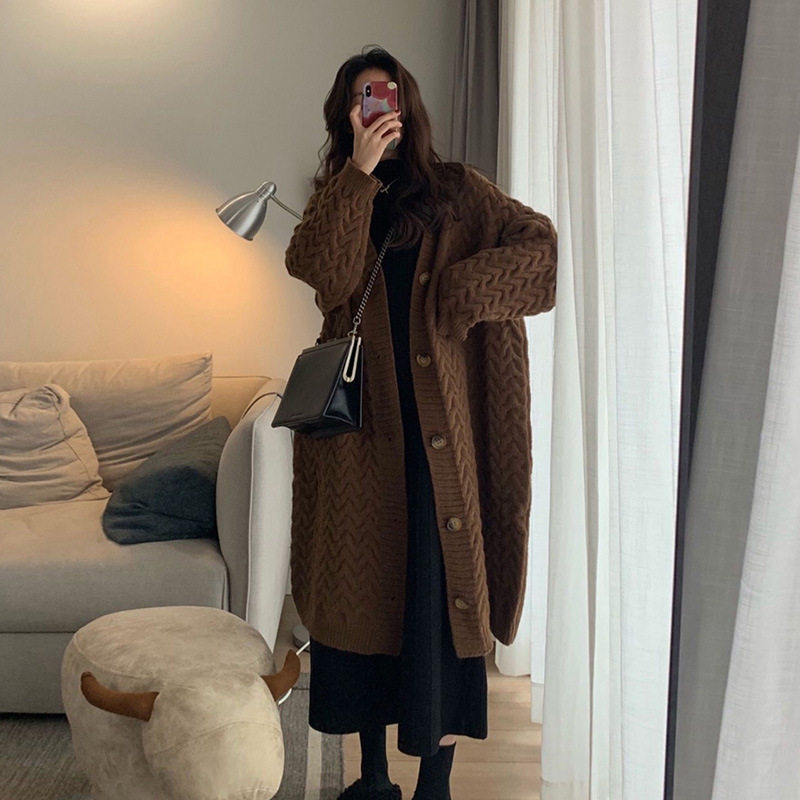 中长款毛衣开衫外套女2022新款秋冬装设计感韩版慵懒麻花厚针织衫