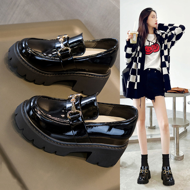 内增高小皮鞋女英伦风2022新款秋季黑色乐福鞋女厚底单鞋10cm