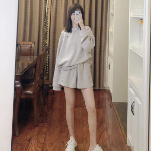 欧美华夫格短裤长袖上衣两件套女夏季大码宽松原宿风休闲时尚套装