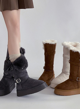 两穿扣带毛毛翻边中筒靴平底雪地靴秋冬季时尚复古厚底女士时装靴