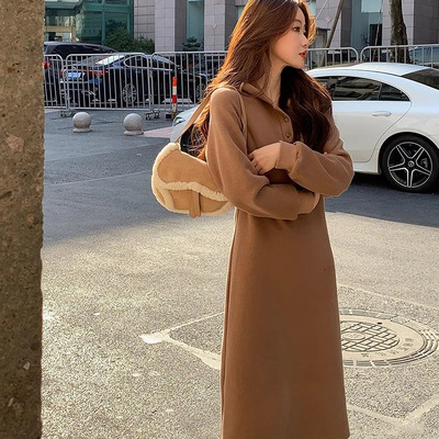 纸片人小个子连帽连衣裙女秋冬中长款打底针织裙内搭外穿毛衣裙子