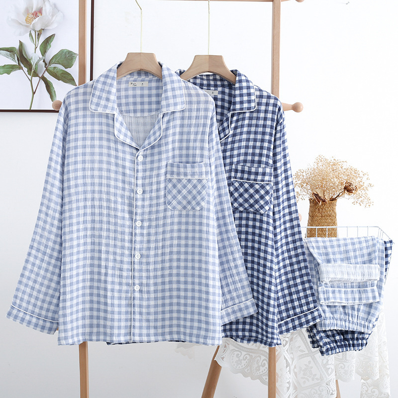 男士睡衣可外穿春秋薄款纯棉纱布长袖长裤日系格子简约家居服套装