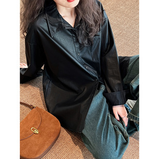 新款 女2024春季 高级休闲气质老钱风上衣3968 衬衫 鹿西复古PU皮长袖