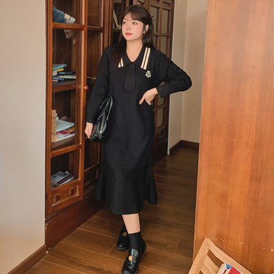 大码女装气质学院风连衣裙2025冬胖mm百搭休闲针织毛衣裙女22679