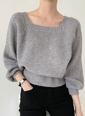 厚款毛衣女式2025秋冬款设计感小众方领灯笼袖宽松打底针织衫上衣