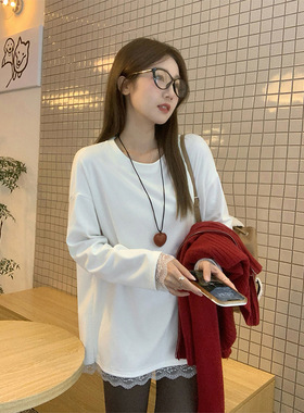 白色长袖打底衫女2026春秋新款蕾丝拼接宽松圆领内搭别致T恤上衣