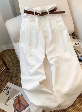 白色百搭阔腿牛仔长裤女装胖mm大码设计感褶皱宽松高腰休闲拖地裤