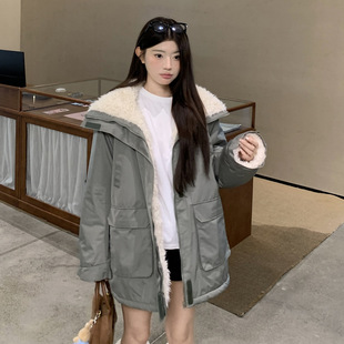 翻领赵露思同款加厚内里加绒羊羔毛拼接派克服女保暖工装棉服外套