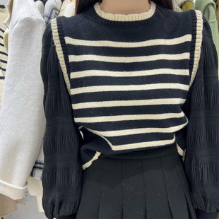 法式复古黑白条纹假两件毛衣女春秋小众设计感内搭打底针织衫上衣