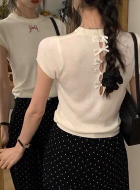 后背蝴蝶结镂空短袖针织T恤设计感别致柔软减龄小心机女装上衣夏