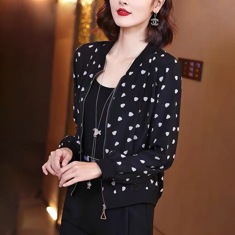 跨境新款雪纺外套女春秋夏欧美风波点宽松夹克长袖拉链薄款棒球服
