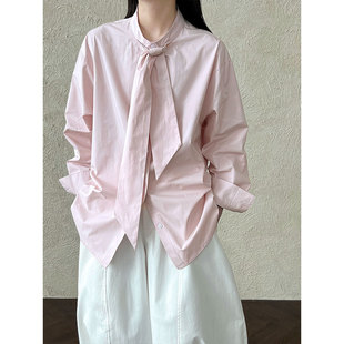 气质宽松休闲衬衣3735 女2025新款 鹿西 韩系设计感系领带纯色衬衫