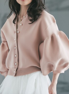 乐天日韩跨境灯笼袖针织衫 针织开衫外套可前后两穿厚短外套