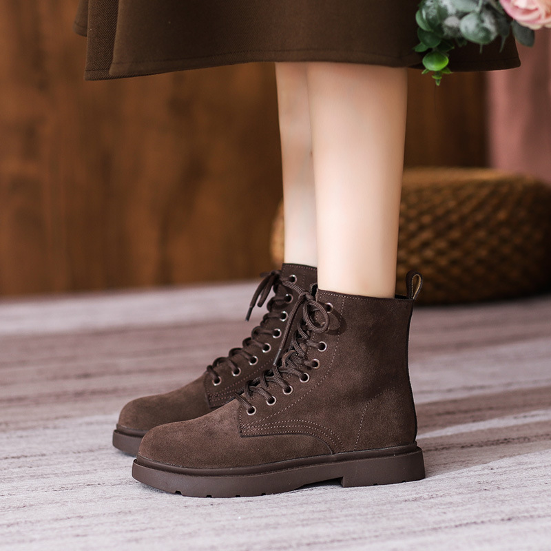 新款真皮靴子2024英伦风磨砂真皮女靴中跟平底短靴女8孔马丁靴女