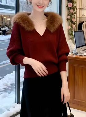 秋冬氛围感穿搭收腰短款慵懒灯笼长袖针织上衣毛毛拼接V领毛衣女