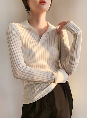 2023新款打底衫女秋季POLO领长袖针织衫气质洋气修身韩版内搭上衣