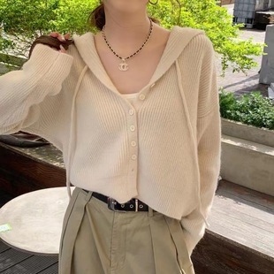 外搭上衣 连帽开衫 外套女2023早秋新款 毛衣宽松慵懒复古长袖 针织衫