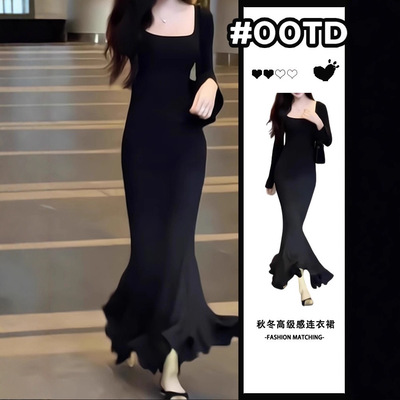 赫本风法式黑色长袖连衣裙女秋季2025新款高级感修身包臀鱼尾长裙