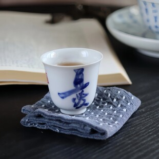 景德镇手写青花书法茶杯 手绘陶瓷主人杯单杯铃铛客杯