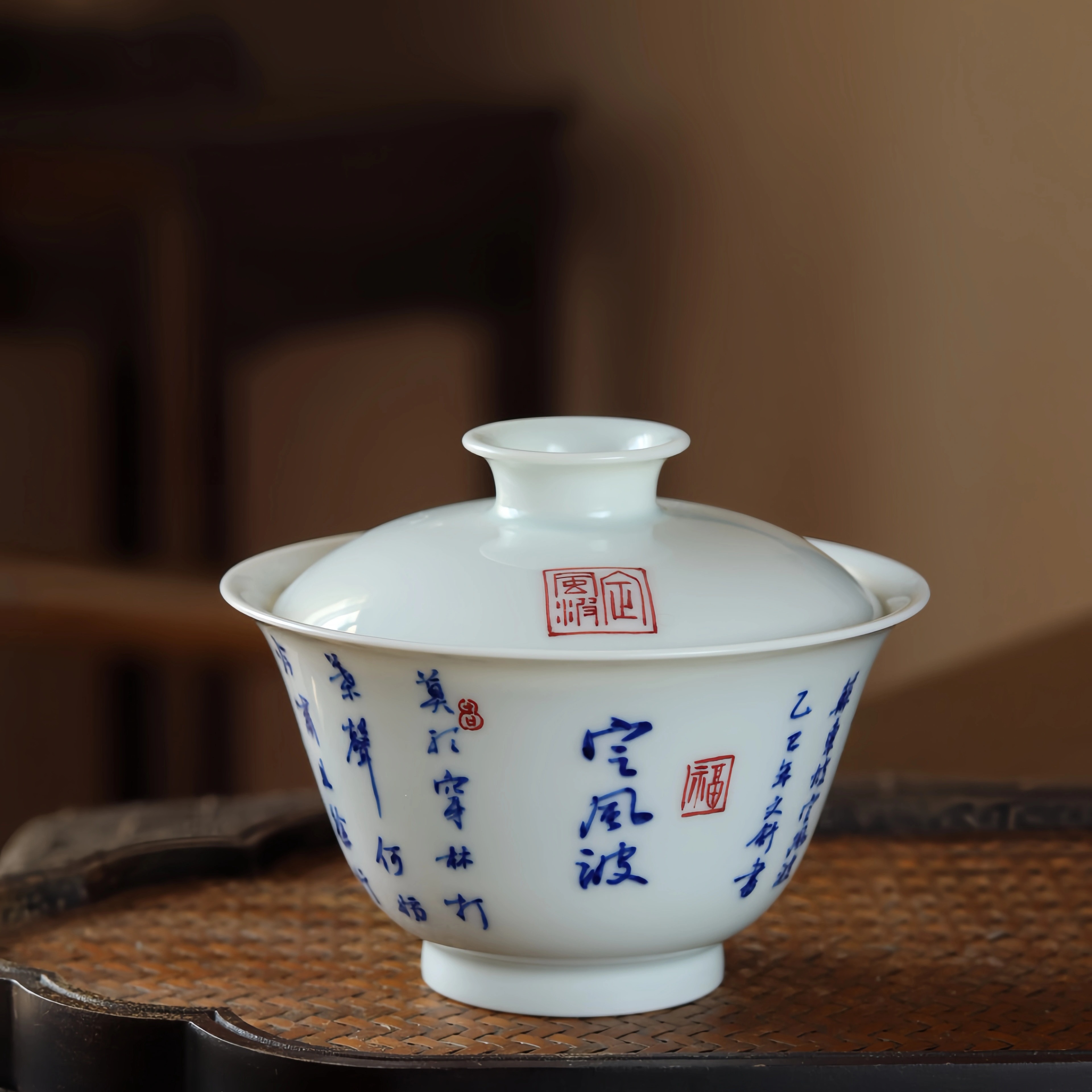 薄胎蛋壳瓷手绘盖碗 纯手工青花诗文茶杯泡茶碗景德镇茶具