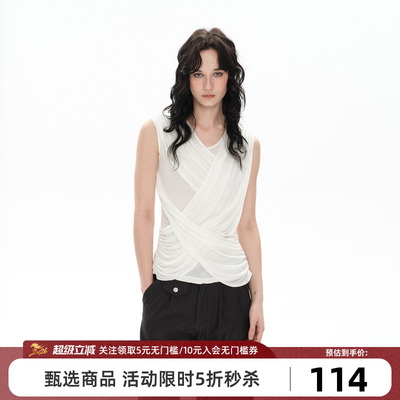 Goosfir 原创设计夏季新款白色复古垂坠飘带无袖吊带背心外穿上衣