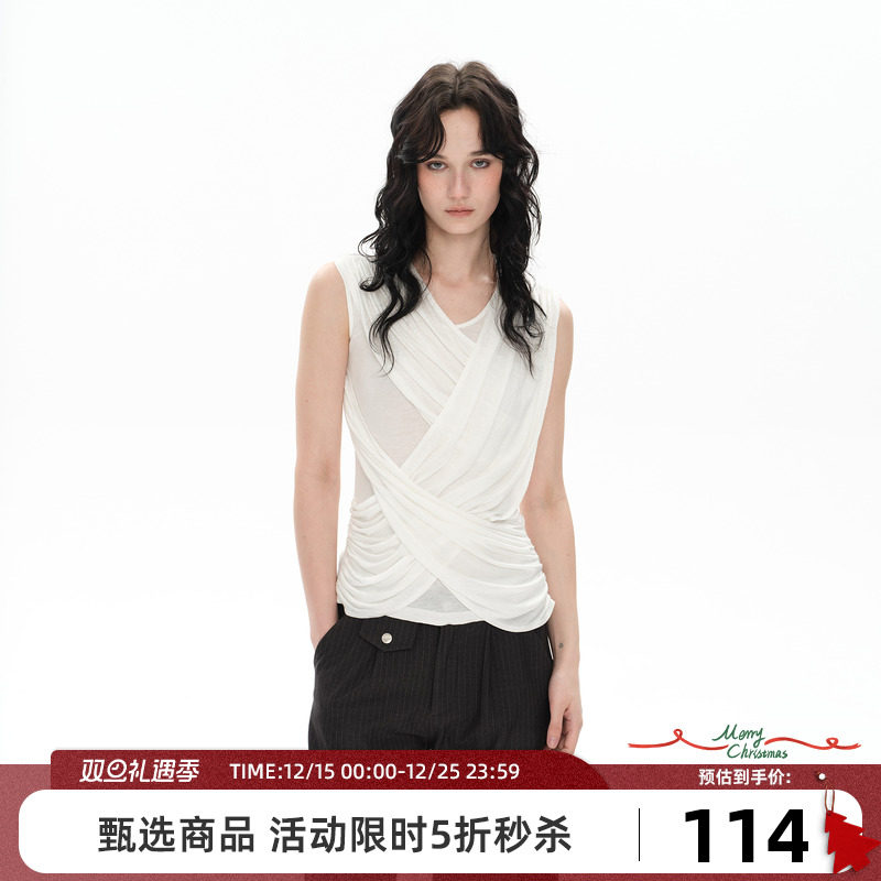 Goosfir 原创设计夏季新款白色复古垂坠飘带无袖吊带背心外穿上衣