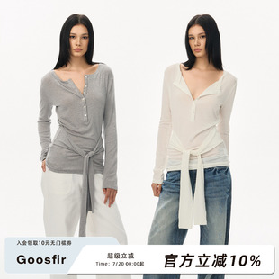 Goosfir T恤绑带显瘦内搭上衣 原创设计新款 休闲简约半开襟V领长袖