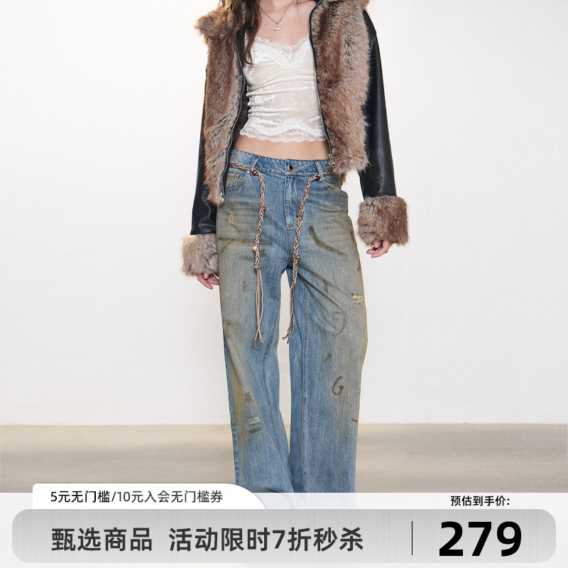 Goosfir 原创设计新款复古水洗直筒泼墨牛仔裤宽松微喇拖地长裤女