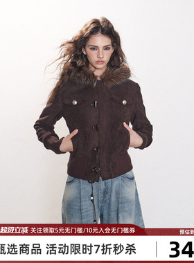 Goosfir 原创设计美式复古麂皮连帽毛领外套秋冬款修身短款外衣女