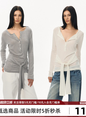 Goosfir 原创设计新款休闲简约半开襟V领长袖T恤绑带显瘦内搭上衣