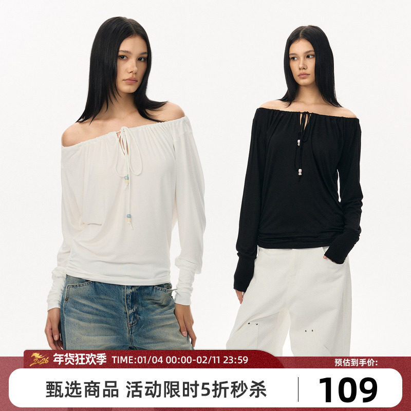 Goosfir 原创设计双色一字肩绑带设计长袖T恤时尚显瘦打底上衣女