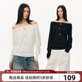 T恤时尚 Goosfir 原创设计双色一字肩绑带设计长袖 显瘦打底上衣女