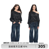 阔腿盖脚裤 深蓝猫咪纹复古水洗牛仔裤 女 原创设计秋冬新款 Goosfir