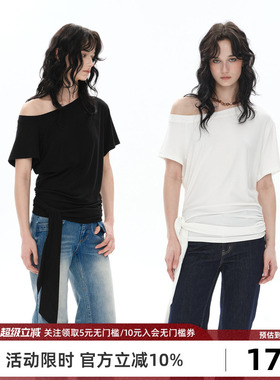 Goosfir 原创设计夏季新款双色斜肩修身休闲腰下飘带T恤气质上衣