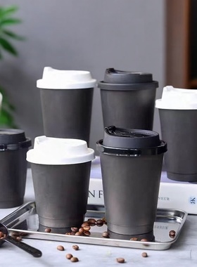 一次性纸杯双层加厚咖啡杯带盖热饮奶茶打包外带专用黑色纸杯定制