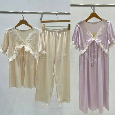 BALCONY女蕾丝短袖长裤睡衣睡裙