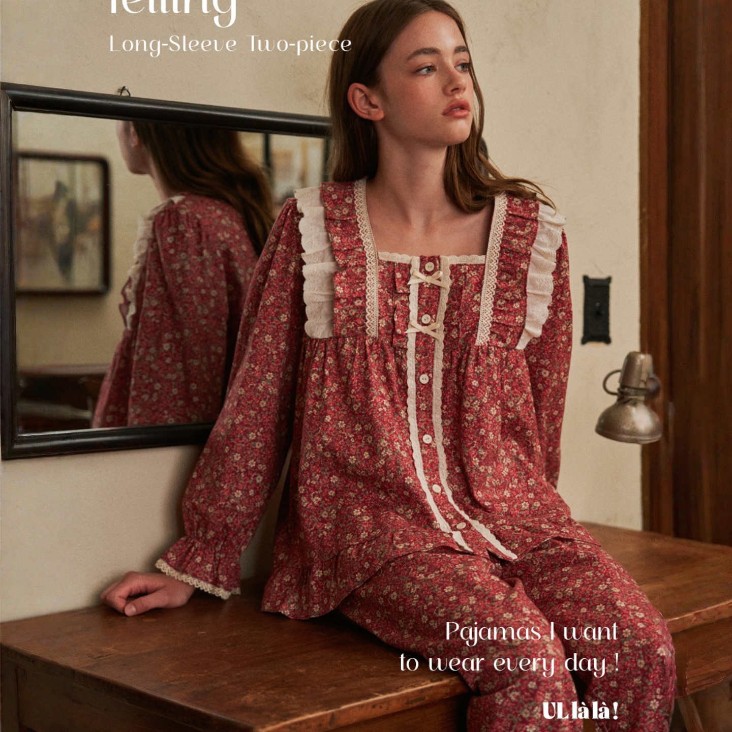 ULLALA韩国2025秋冬磨毛纯棉甜美蕾丝花边方领长袖碎花睡衣睡裙女