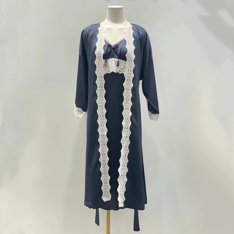 LUNALUZ韩国2023春季纯色甜美丝柔性感蕾丝方领睡裙睡袍两件套女