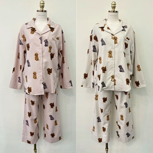 BALCONY韩国2023秋冬卡通小狗简约前扣长袖情侣磨毛睡衣套装睡裙