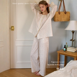 ULLALA韩国乌拉拉睡衣女2026春纯棉甜美碎花圆领七分袖长裤家居服