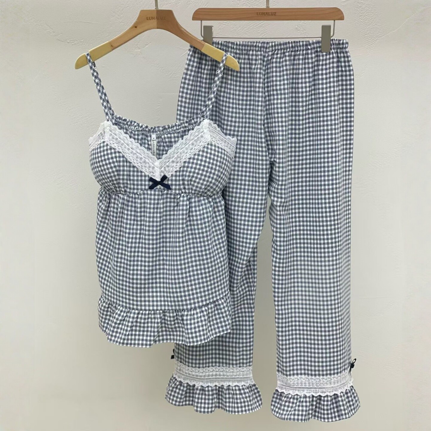 LUNALUZ韩国花边格子情侣家居服