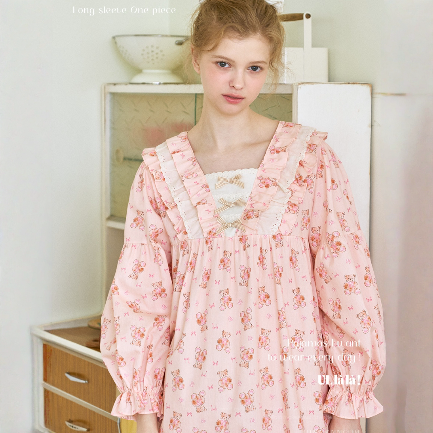 ULLALA韩国乌拉拉睡裙女2026春季纯棉甜美蕾丝花边小熊长袖家居裙