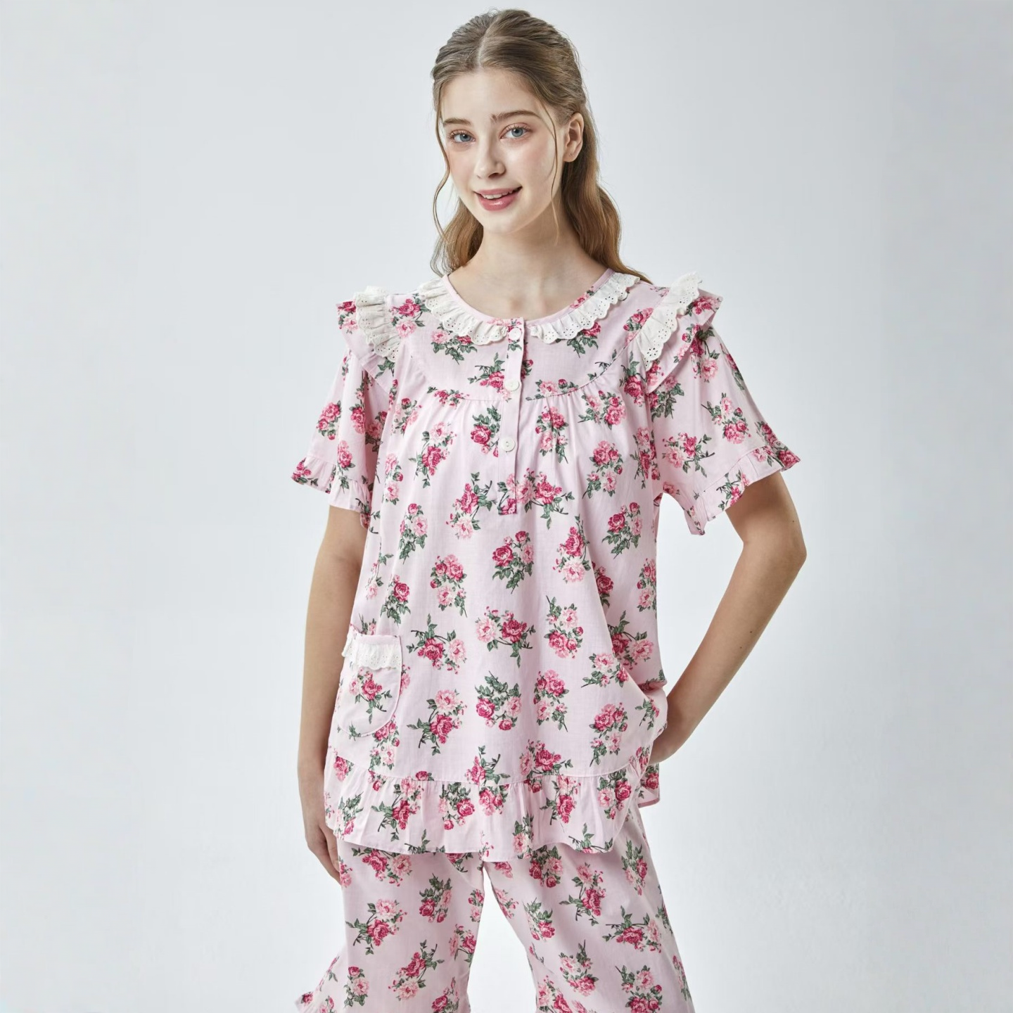 ELLY ELLY韩国睡衣女2026夏纯棉清新甜美碎花短袖睡裙家居服套装