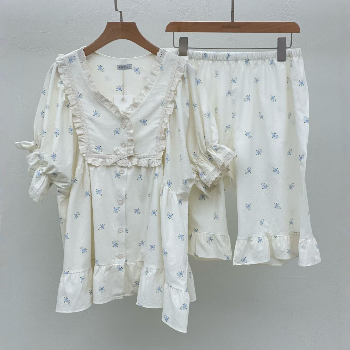 LUNALUZ韩国情侣睡衣女2026夏纯棉甜美蕾丝花边V领短袖家居服睡裙