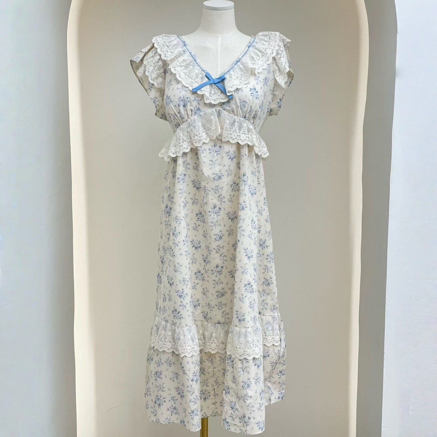 LUNALUZ韩国情侣睡衣女2025夏纯棉甜美蕾丝花边短袖V领睡裙家居服