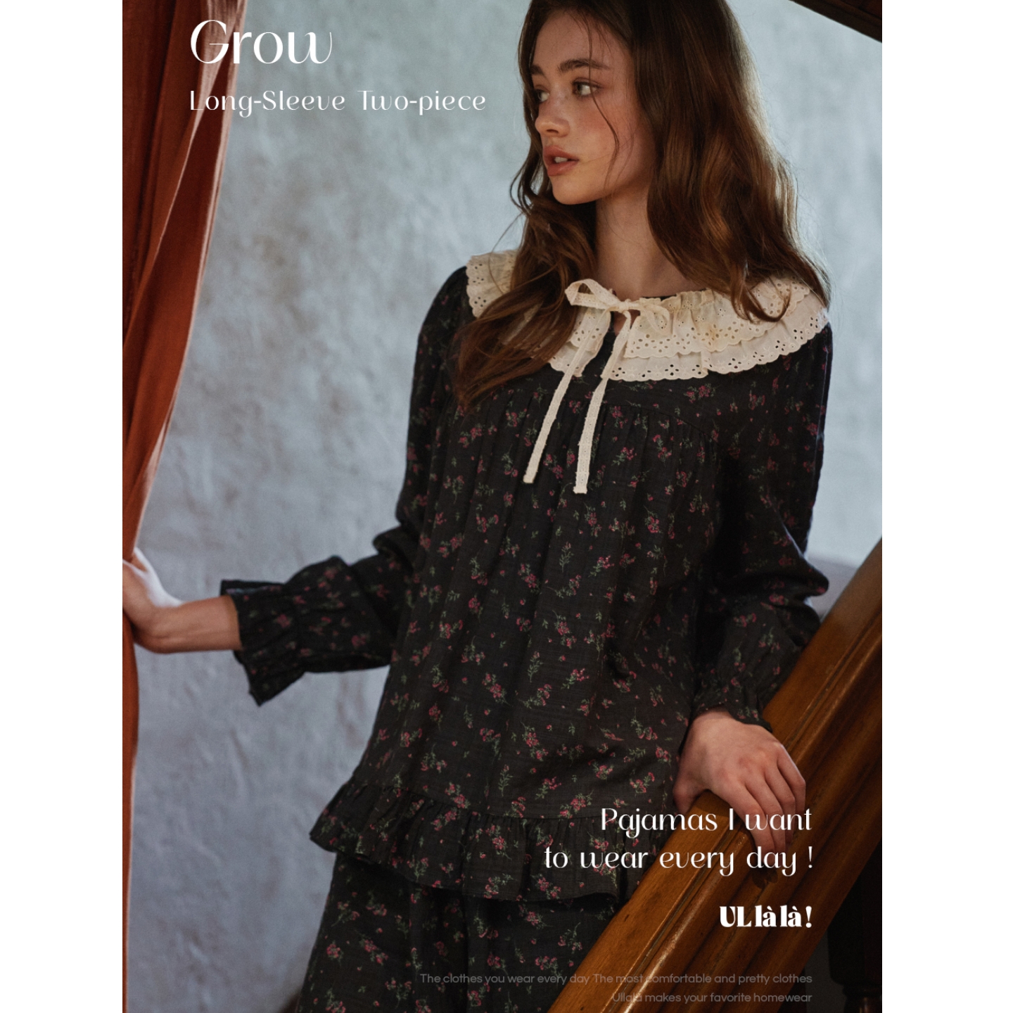 ULLALA韩国甜美碎花长袖睡衣裙女